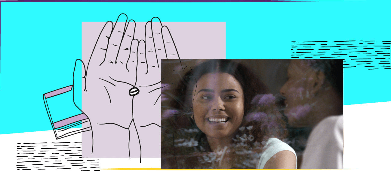 Smiling womand and the illustration of hands holding a pill