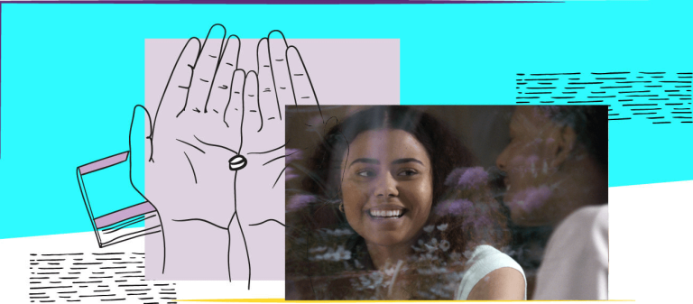 Smiling womand and the illustration of hands holding a pill