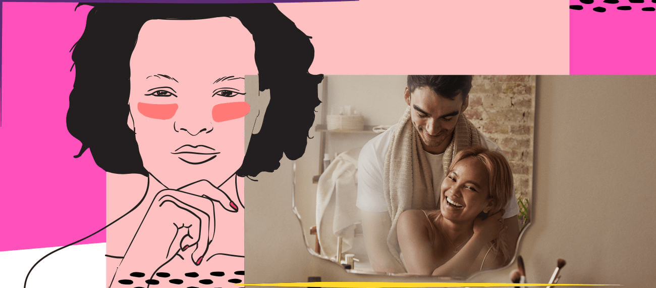 couple standing in front of a bathroom mirror and the illustration of a womans head